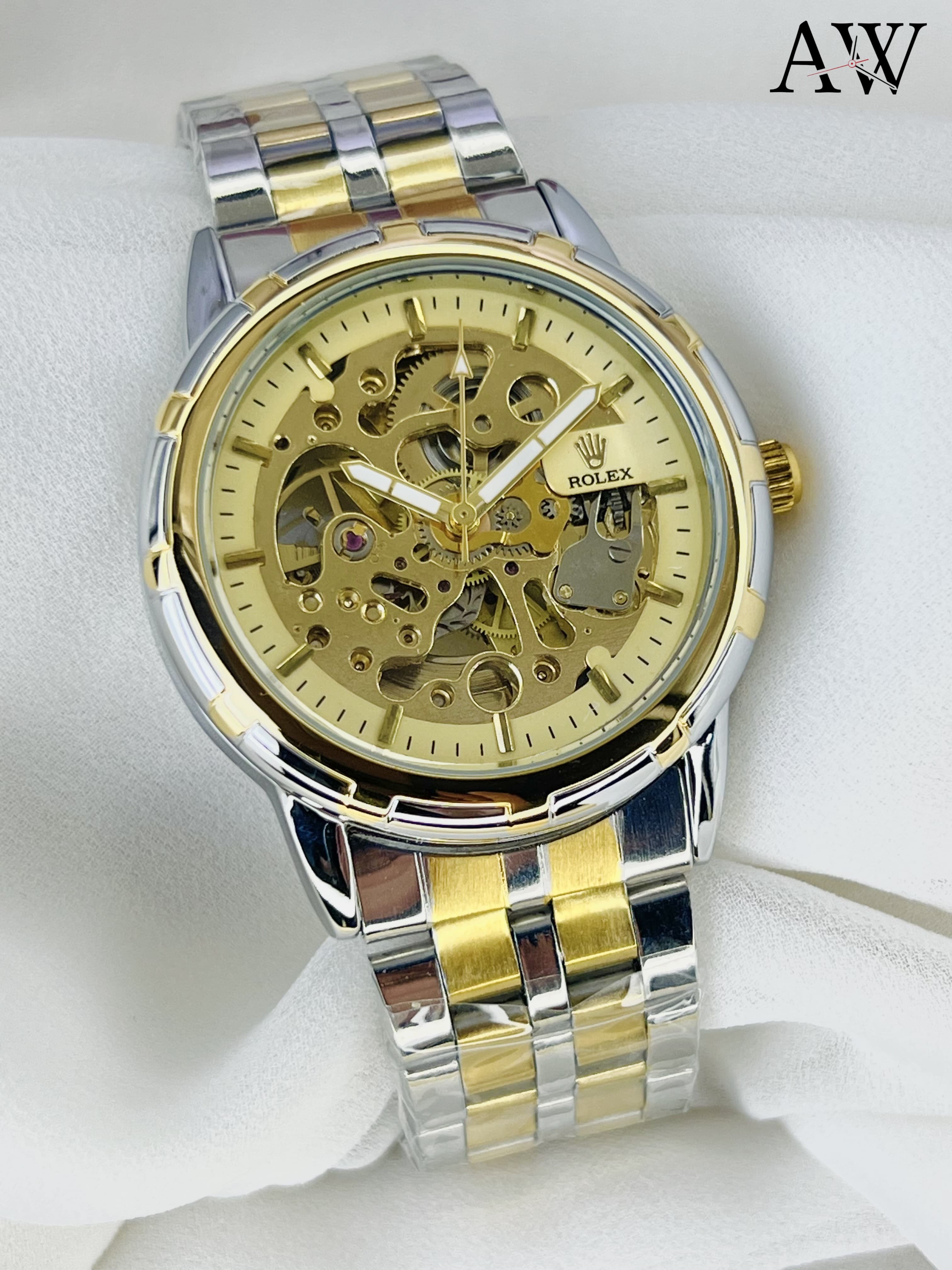 Skeleton Watch  New Model Water Proof Beautiful Golden Mechanic Two tone Chain Sports Watch