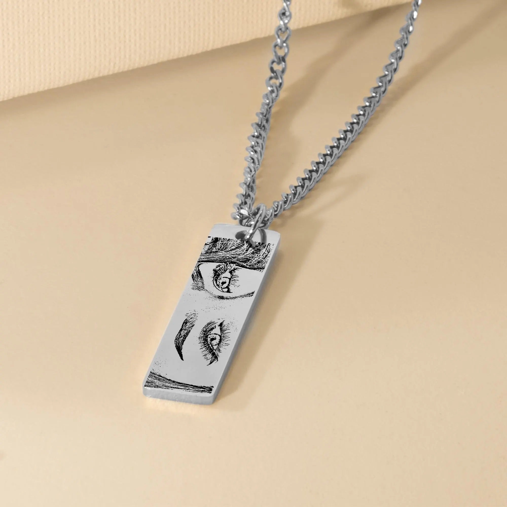 Customize Eyes Necklace His/Her Eyes Pendant Cuban Chain Vertical Bar Necklace