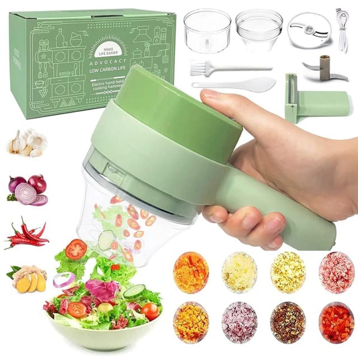 HF Mall.4 in 1 Portable Electric Vegetable Cutter Set Wireless Food Processor Mini Food Slicer Dicer Chopper Meat Grinder Mincer With Brush for Garlic Pepper Chili Celery Ginger