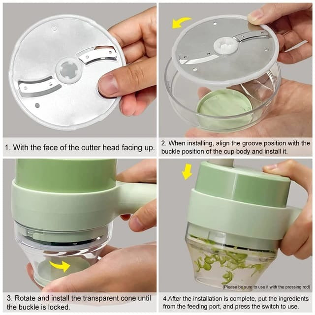 HF Mall.4 in 1 Portable Electric Vegetable Cutter Set Wireless Food Processor Mini Food Slicer Dicer Chopper Meat Grinder Mincer With Brush for Garlic Pepper Chili Celery Ginger
